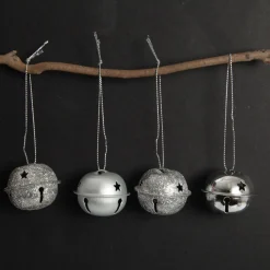 Mixed Finish Silver 4cm Jingle Bell Decorations - Bag of 4 Christmas Bells And Bows|