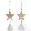 Natural and White Wooden Stars with Tassels Tree Decorations - Set of 2 Christmas Tree Decorations|