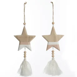 Natural and White Wooden Stars with Tassels Tree Decorations - Set of 2 Christmas Tree Decorations|