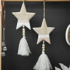 Natural and White Wooden Stars with Tassels Tree Decorations - Set of 2 Christmas Tree Decorations|