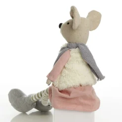 Natural Calico Fabric Girl Mouse Grey and Pink Christmas Birds And Animals|