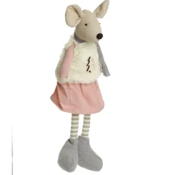 Natural Calico Fabric Girl Mouse Grey and Pink Christmas Birds And Animals|