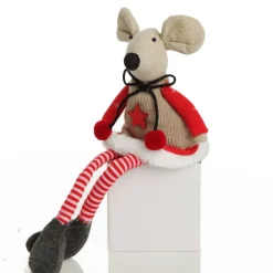 Natural Calico Fabric Girl Mouse with Red Dress and Stripey Legs Christmas Birds And Animals|