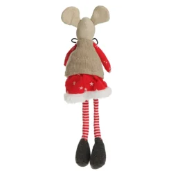 Natural Calico Fabric Girl Mouse with Red Dress and Stripey Legs Christmas Birds And Animals|