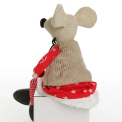Natural Calico Fabric Girl Mouse with Red Dress and Stripey Legs Christmas Birds And Animals|