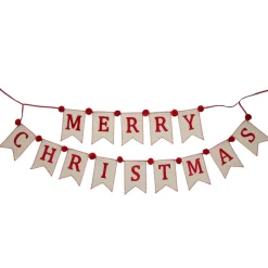 Natural Linen and Red Merry Christmas Bunting with Pom Poms Tree Garlands|