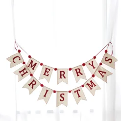 Natural Linen and Red Merry Christmas Bunting with Pom Poms Tree Garlands|