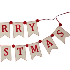 Natural Linen and Red Merry Christmas Bunting with Pom Poms Tree Garlands|