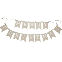 Natural Linen and White Merry Christmas Bunting with Pom Poms Tree Garlands|
