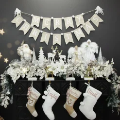 Natural Linen and White Merry Christmas Bunting with Pom Poms Tree Garlands|