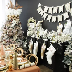 Natural Linen and White Merry Christmas Bunting with Pom Poms Tree Garlands|