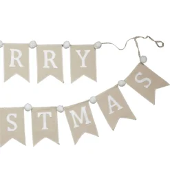 Natural Linen and White Merry Christmas Bunting with Pom Poms Tree Garlands|
