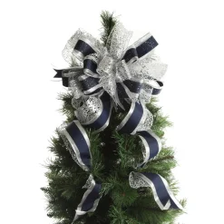 Navy Blue and Silver Deluxe Tree Topper Bow with Streamers Tree Toppers|