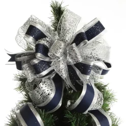 Navy Blue and Silver Deluxe Tree Topper Bow with Streamers Tree Toppers|