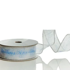 Organza Silver and Blue Seasons Greetings Wired Ribbon - 3.8cm Ribbons|