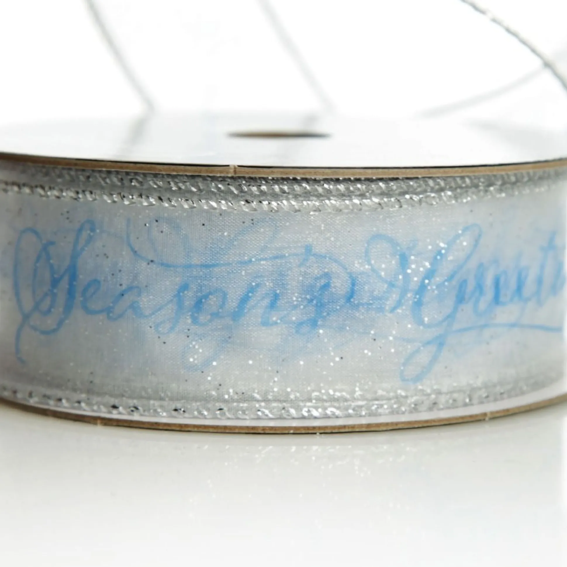 Organza Silver and Blue Seasons Greetings Wired Ribbon - 3.8cm Ribbons|