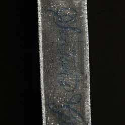Organza Silver and Blue Seasons Greetings Wired Ribbon - 3.8cm Ribbons|