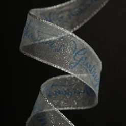 Organza Silver and Blue Seasons Greetings Wired Ribbon - 3.8cm Ribbons|