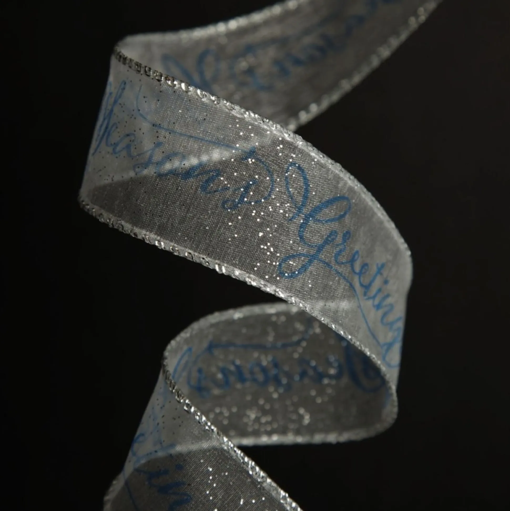 Organza Silver and Blue Seasons Greetings Wired Ribbon - 3.8cm Ribbons|