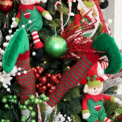Pair of Red and Green Striped Christmas Elf Legs - Large Christmas Tree Picks|