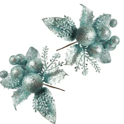 Pale Blue Glitter Ball and Leaf Pick - Set of 2 Christmas Pick|Pale Blue Glitter Ball And Leaf Pick - Set Of 2