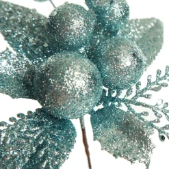 Pale Blue Glitter Ball and Leaf Pick - Set of 2 Christmas Pick|Pale Blue Glitter Ball And Leaf Pick - Set Of 2