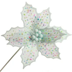 Pale Blue Poinsettia Flower Stem with Multicoloured Sprinkles Christmas Flowers|