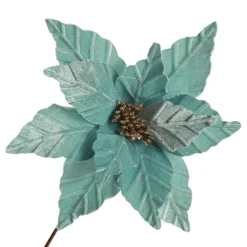 Pale Blue Velvet Embossed Poinsettia Flower Stem Christmas Flowers|