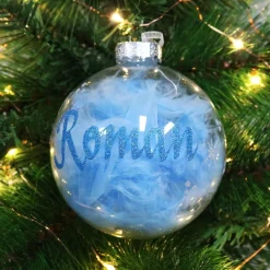 Personalised Blue Feather Clear Glass Christmas Bauble Personalised Baubles|