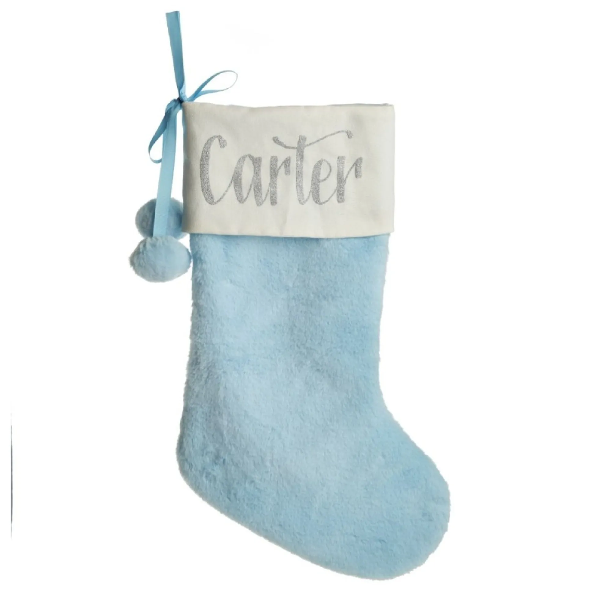 Personalised Blue Fur Christmas Stocking with Pom Poms Personalised Stockings|
