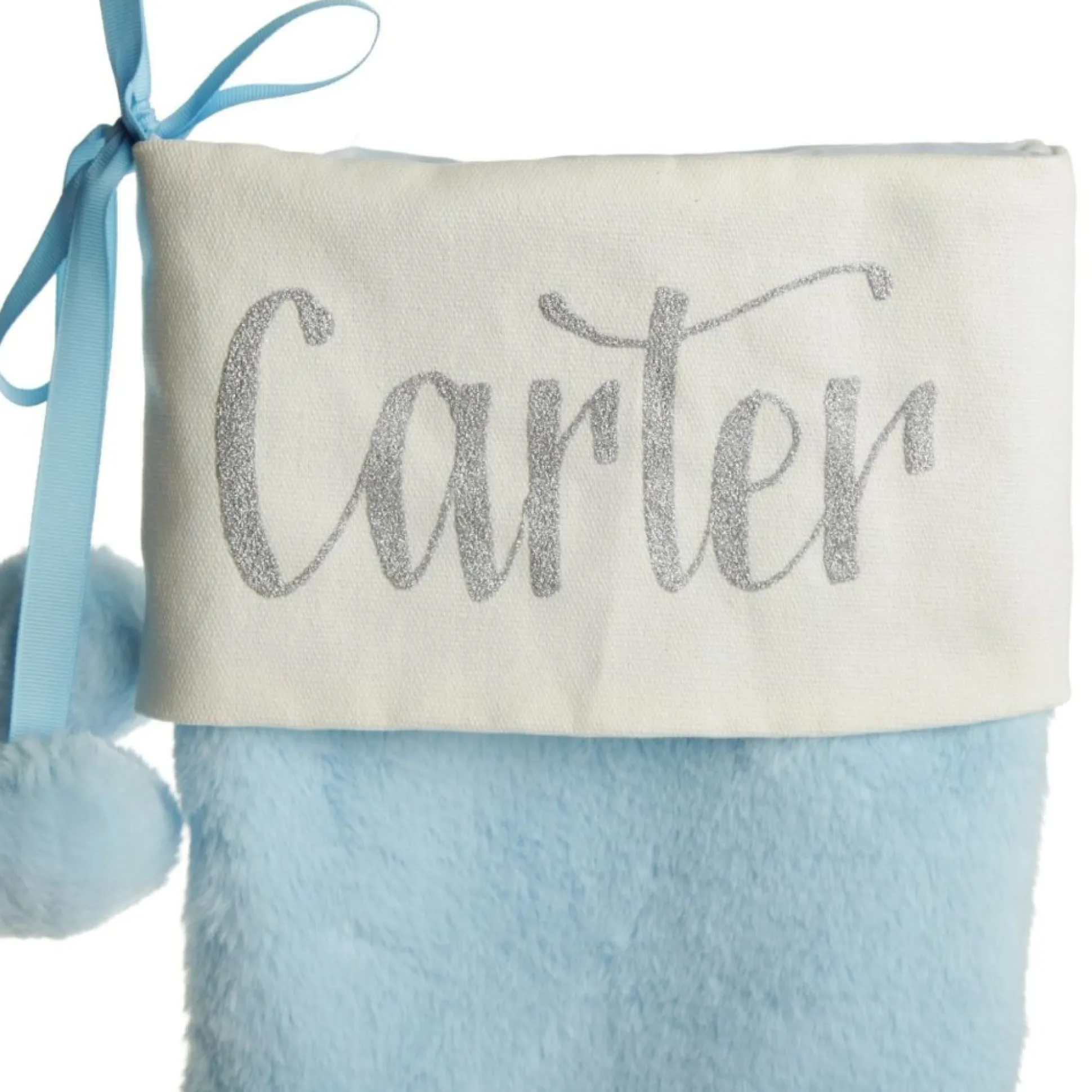 Personalised Blue Fur Christmas Stocking with Pom Poms Personalised Stockings|