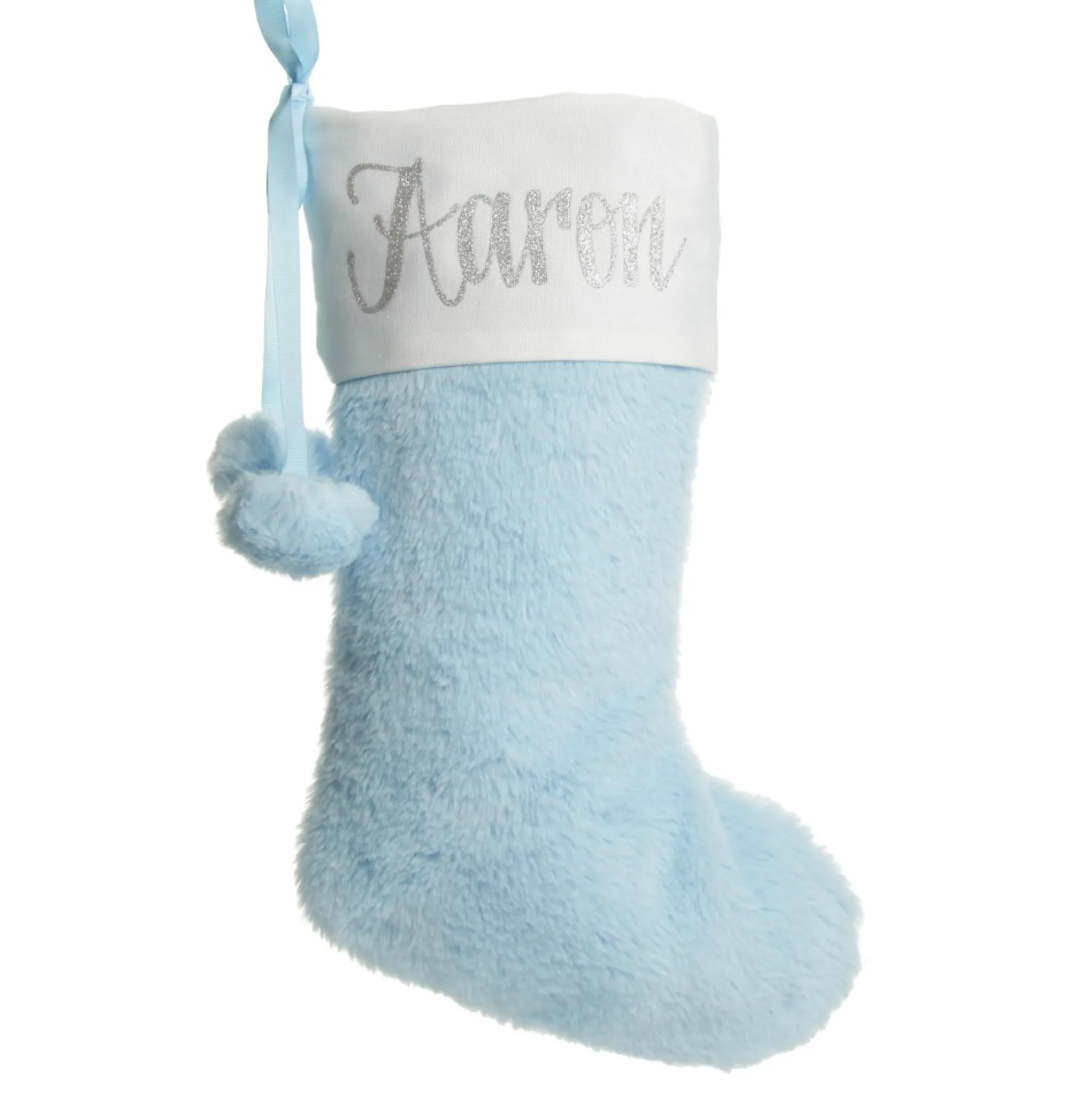 Personalised Blue Fur Christmas Stocking with Pom Poms Personalised Stockings|
