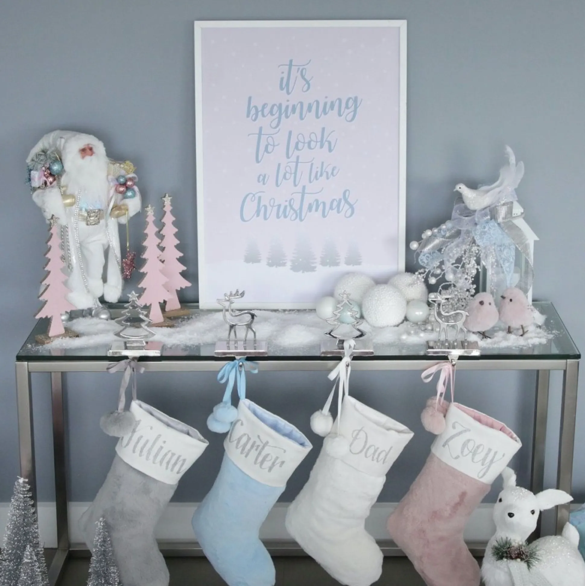 Personalised Blue Fur Christmas Stocking with Pom Poms Personalised Stockings|