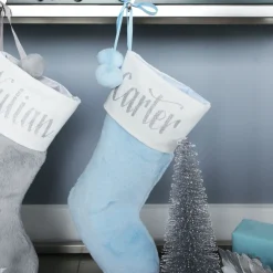 Personalised Blue Fur Christmas Stocking with Pom Poms Personalised Stockings|