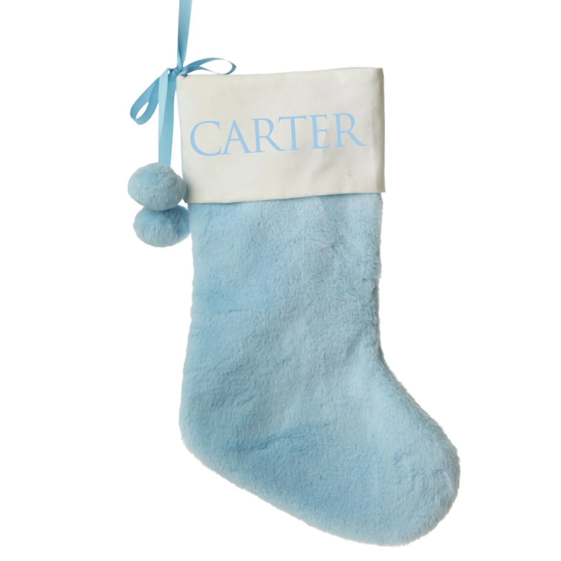 Personalised Blue Fur Christmas Stocking with Pom Poms Personalised Stockings|