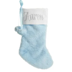 Personalised Blue Fur Christmas Stocking with Pom Poms Personalised Stockings|