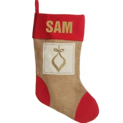 Personalised Burlap and Linen Bauble Stocking with Red Trim Personalised Stockings|