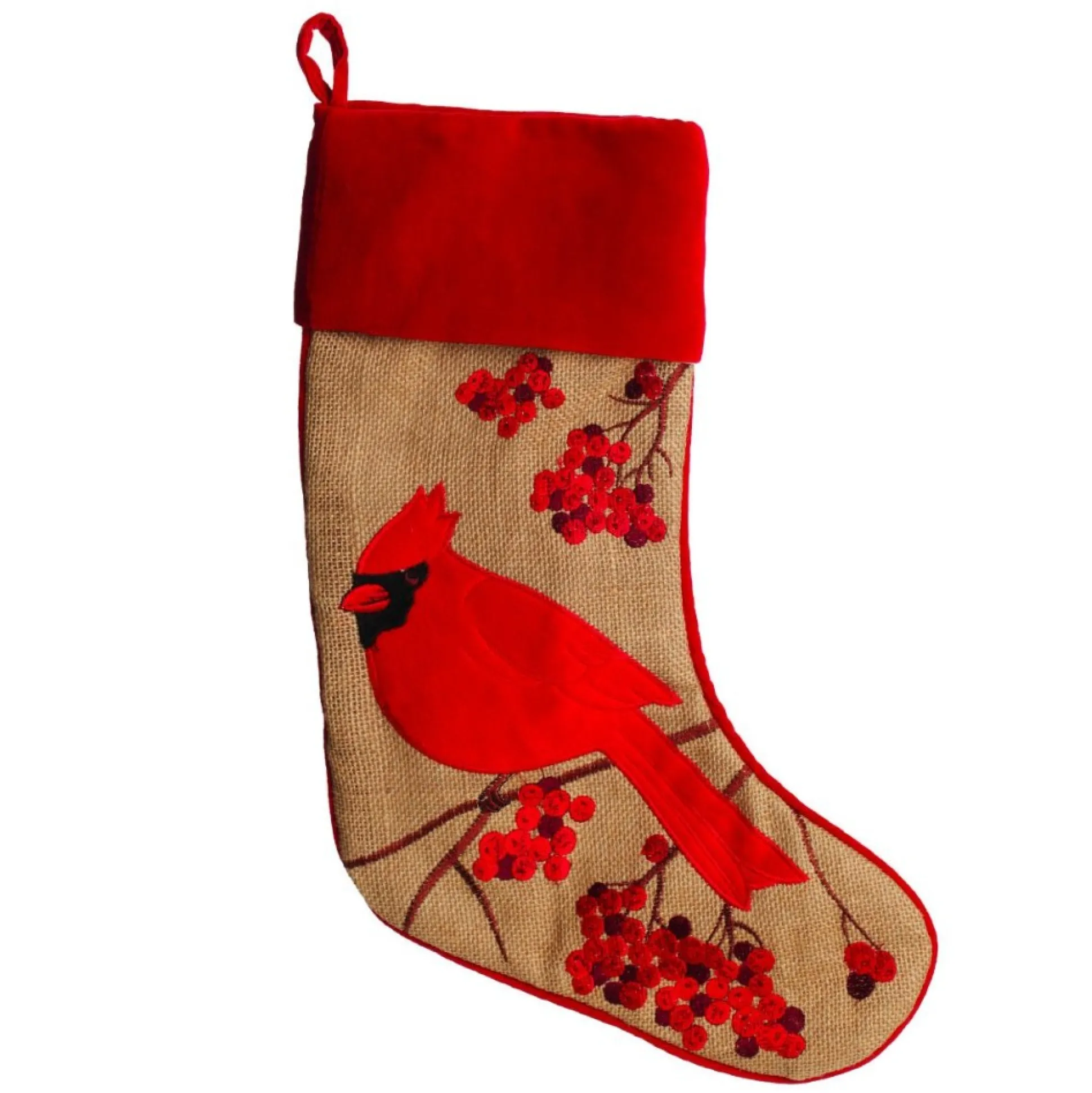 Personalised Burlap Cardinal Bird Christmas Stocking Personalised Stockings|