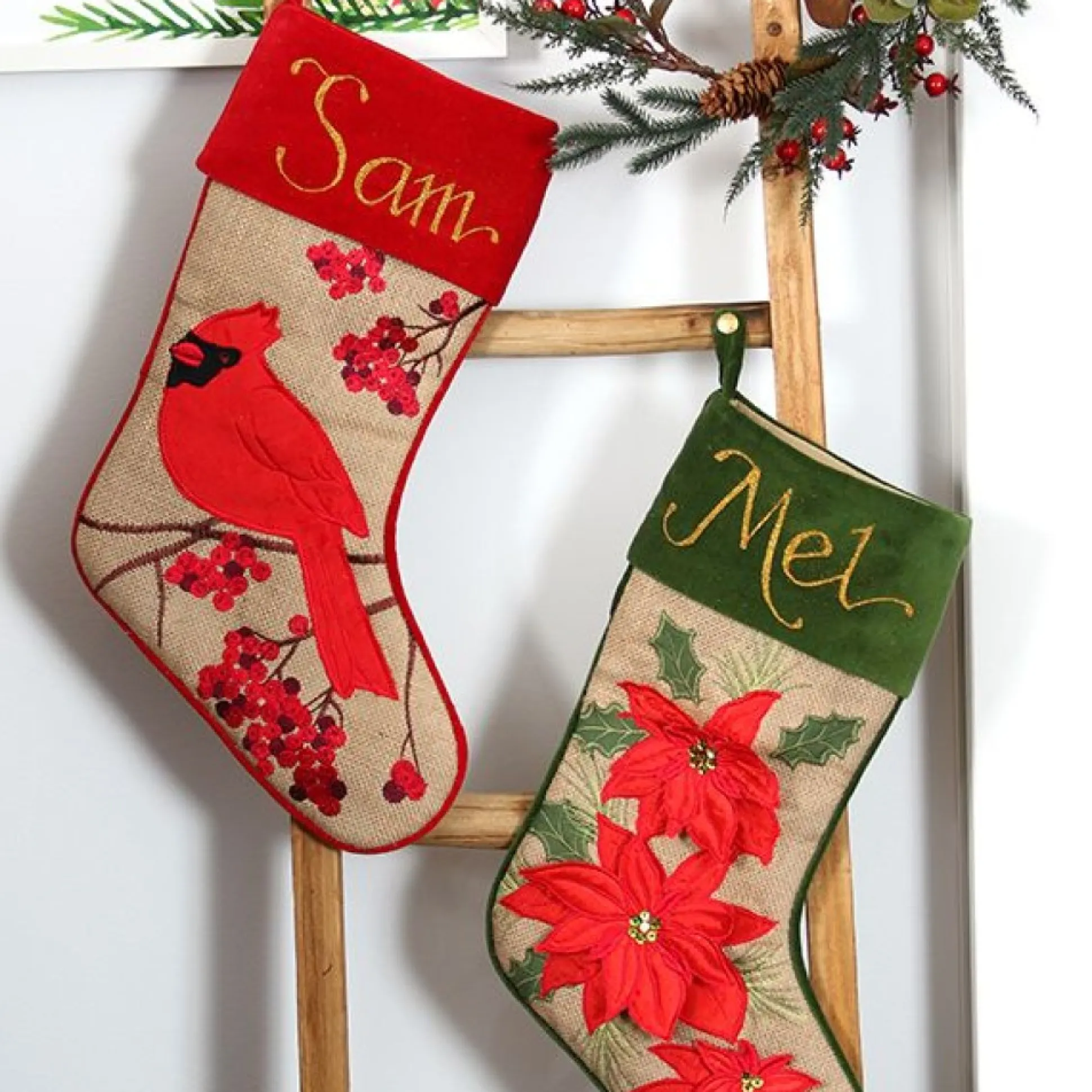 Personalised Burlap Cardinal Bird Christmas Stocking Personalised Stockings|