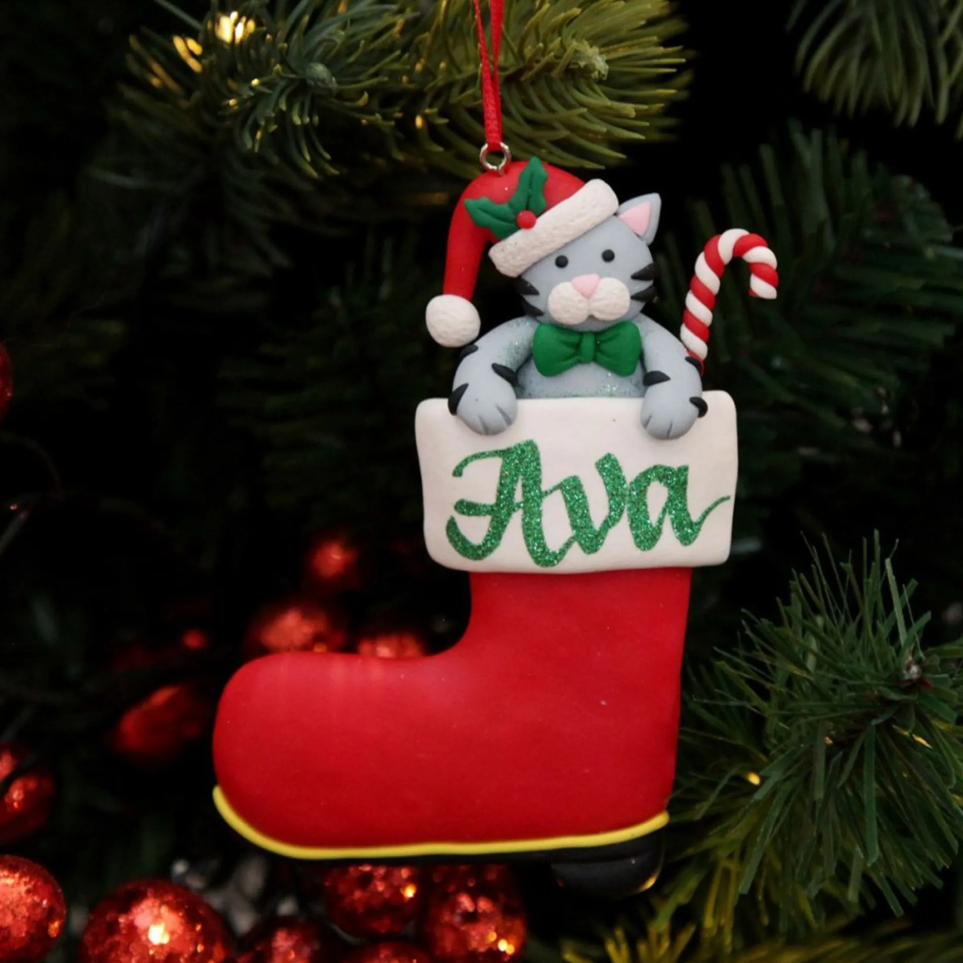 Personalised Cat in Santa Boot Christmas Decoration Personalised Decorations|