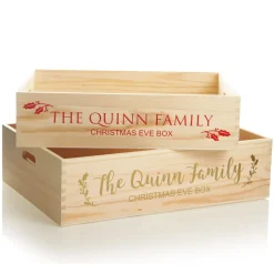 Personalised Christmas Eve Wooden Crate - Holly Design Christmas Eve Keepsake Boxes|