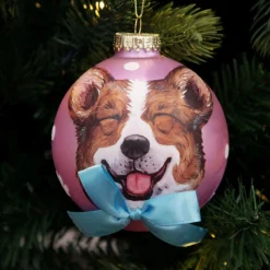 Personalised Corgi Dog with Bow Pink Chrismas Bauble Hand Painted Baubles|