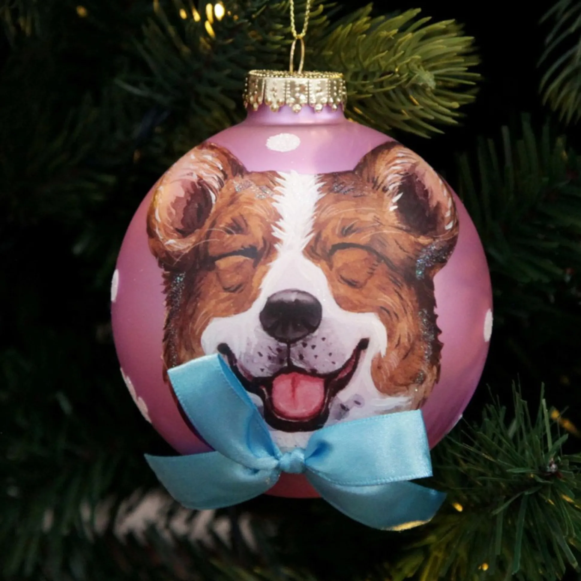 Personalised Corgi Dog with Bow Pink Chrismas Bauble Hand Painted Baubles|