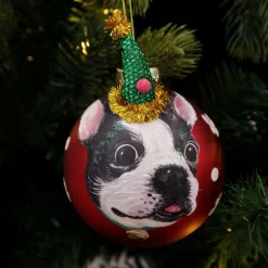 Personalised Dog with Party Hat Red Christmas Bauble Hand Painted Baubles|