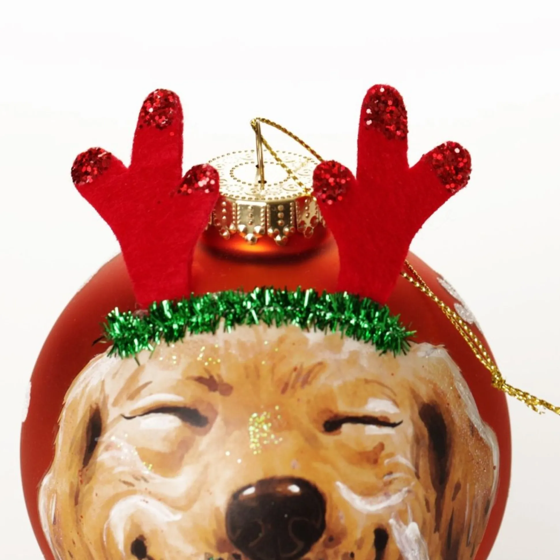 Personalised Dog with Reindeer Ears Copper Christmas Bauble Hand Painted Baubles|