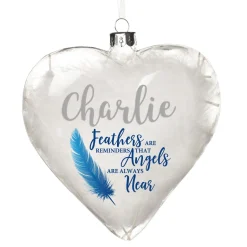 Personalised Feather Glass Heart - Feathers are Reminders - Blue Memorial Baubles|