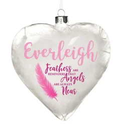 Personalised Feather Glass Heart - Feathers are Reminders - Pink Memorial Baubles|