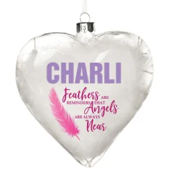 Personalised Feather Glass Heart - Feathers are Reminders - Pink Memorial Baubles|