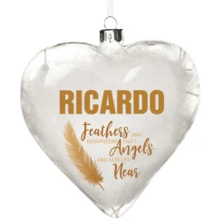Personalised Feather Glass Heart - Feathers are Reminders - Gold Memorial Baubles|