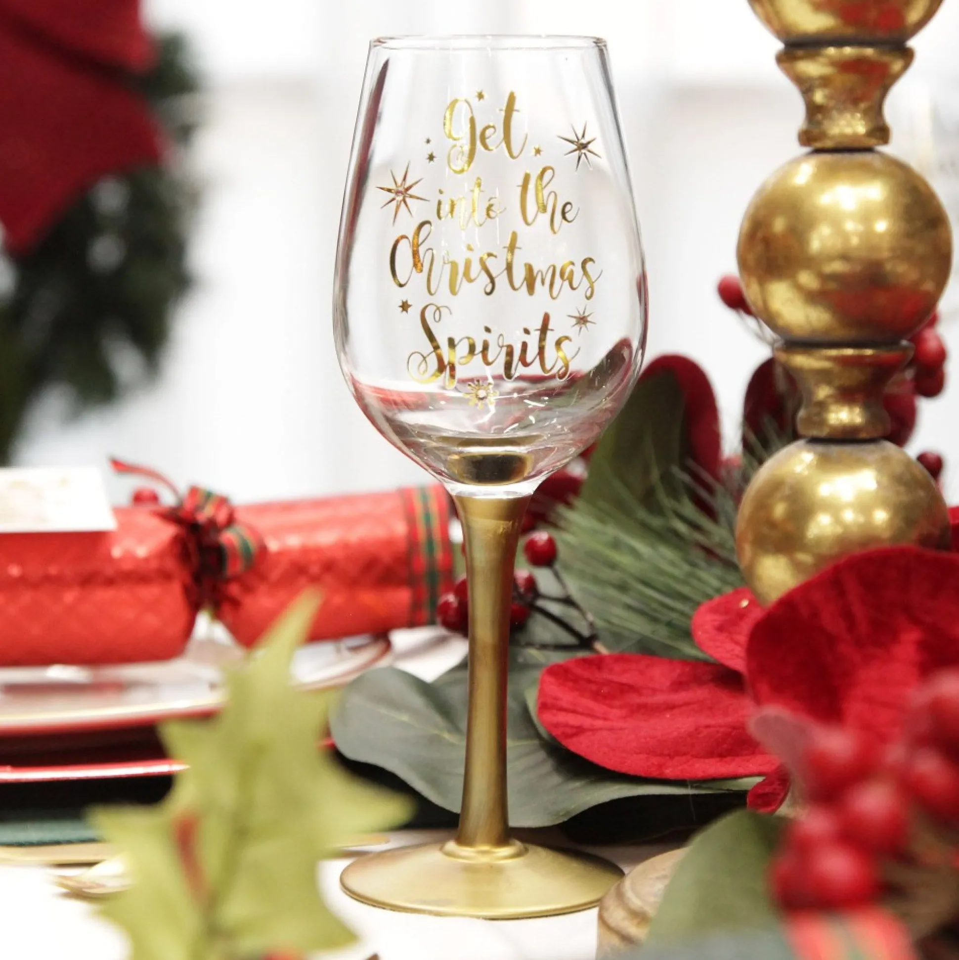 Personalised 'Get into the Christmas Spirits' Wine Glass - Gold Stem Christmas Wine Glasses And Mugs|